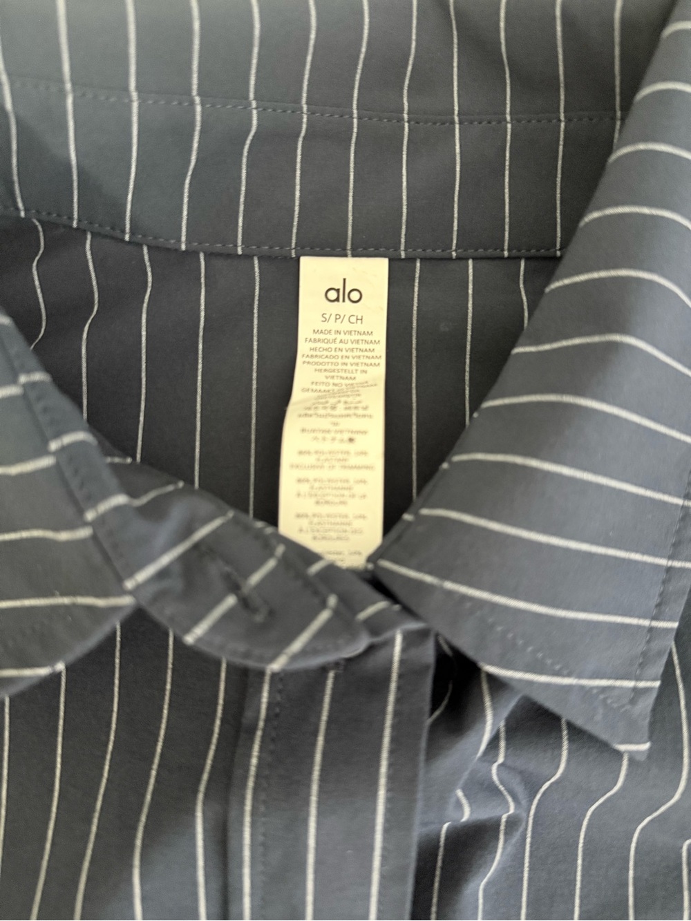 ALO Yoga blue and white Pinstripe Button-Up Shirt
